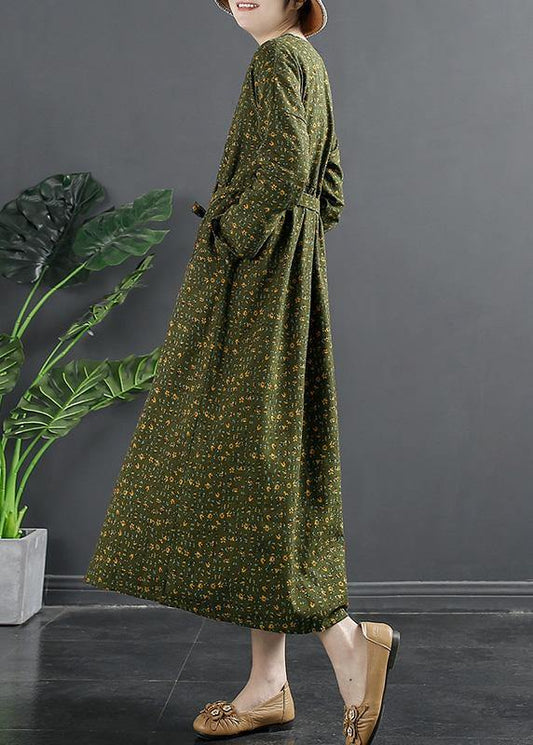 DIY Green Print Quilting Clothes V Neck Maxi Dresses - SooLinen