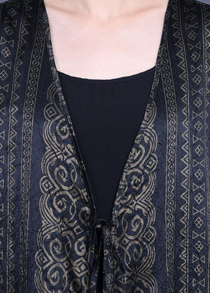 DIY Green Print side open silk Loose Long Cardigans - SooLinen