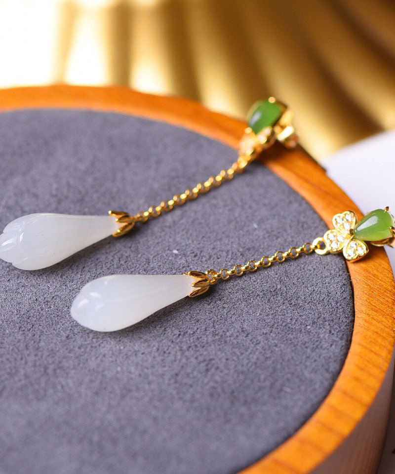 DIY Grüne Sterling Silber Intarsien Jade Zirkon Quaste Tropfen Ohrringe