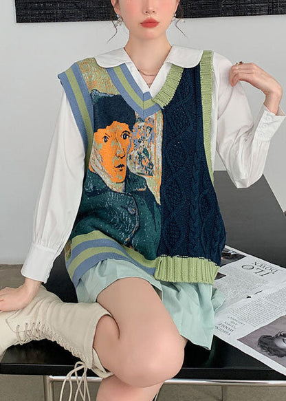 DIY Grüne Jacquard-Strickweste mit V-Ausschnitt für den Herbst