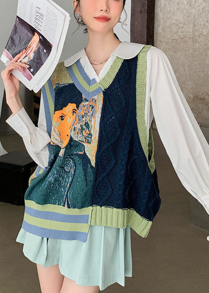 DIY Grüne Jacquard-Strickweste mit V-Ausschnitt für den Herbst