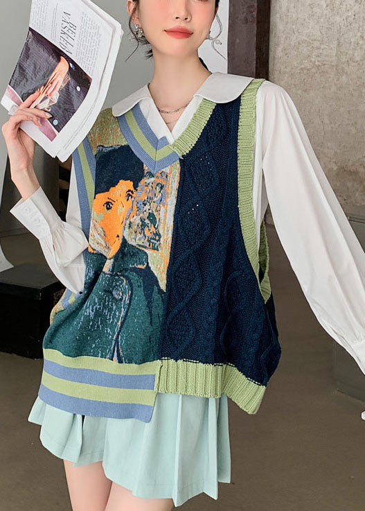 DIY Grüne Jacquard-Strickweste mit V-Ausschnitt für den Herbst