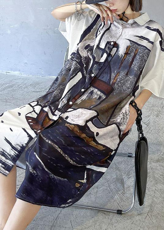 DIY Grey Graphic Peter Pan Collar Button Long Dress Summer - SooLinen