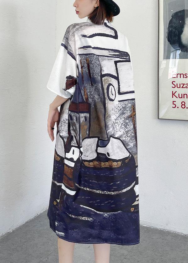 DIY Grey Graphic Peter Pan Collar Button Long Dress Summer - SooLinen