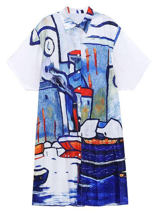 DIY Grey Graphic Peter Pan Collar Button Long Dress Summer - SooLinen