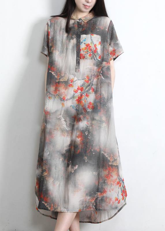 DIY Grey Print Silk Pockets Summer Vacation Dresses - SooLinen