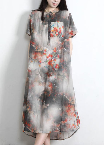 DIY Grey Print Silk Pockets Summer Vacation Dresses - SooLinen