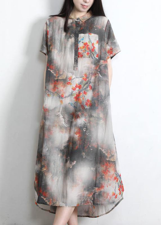 DIY Grey Print Silk Pockets Summer Vacation Dresses - SooLinen