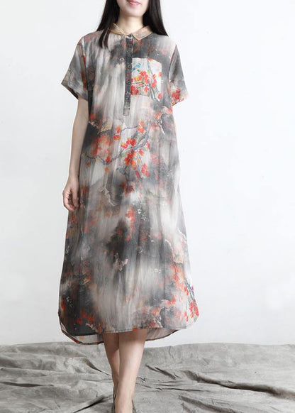 DIY Grey Print Silk Pockets Summer Vacation Dresses - SooLinen
