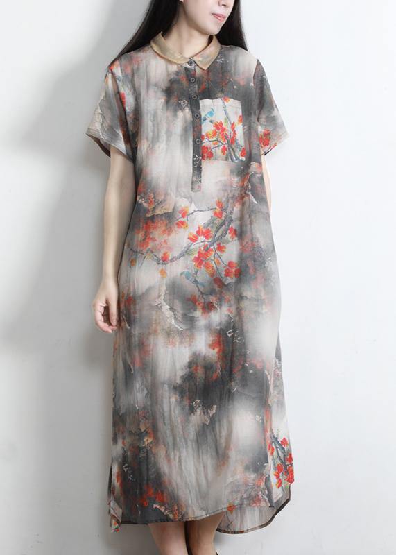 DIY Grey Print Silk Pockets Summer Vacation Dresses - SooLinen