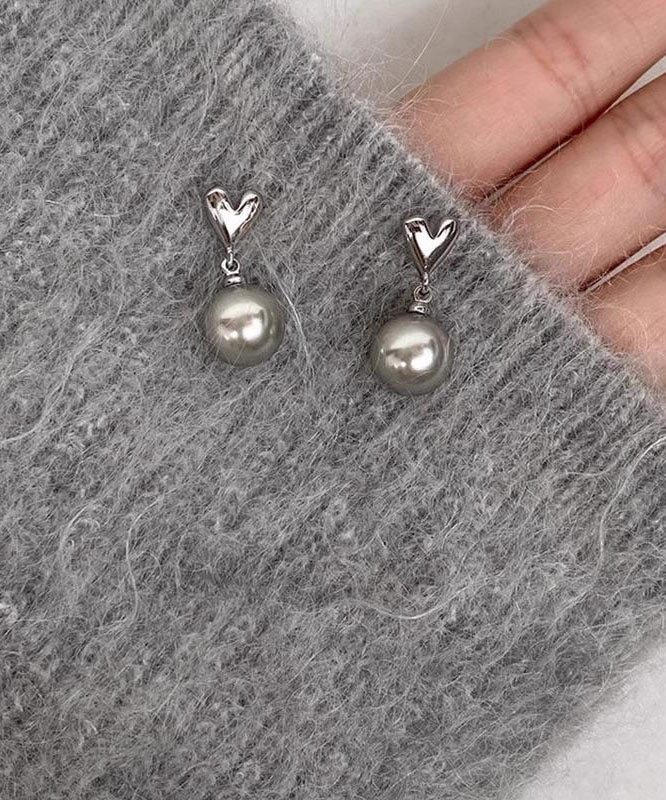 Pendientes colgantes de perla Love de plata de ley gris DIY