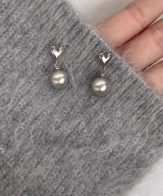 Pendientes colgantes de perla Love de plata de ley gris DIY
