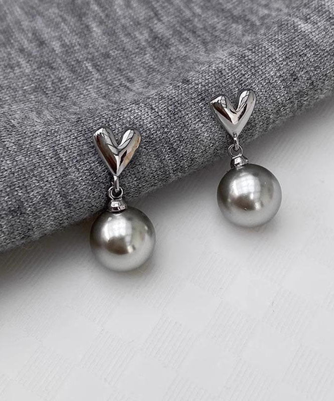 Pendientes colgantes de perla Love de plata de ley gris DIY