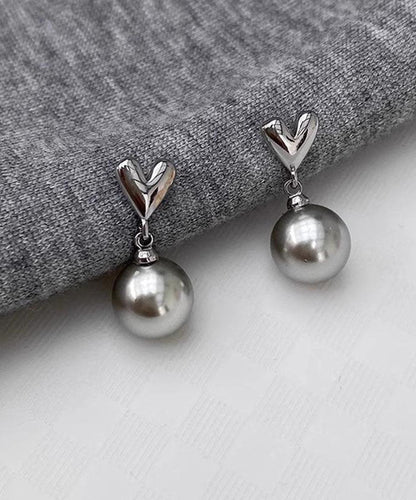 Pendientes colgantes de perla Love de plata de ley gris DIY