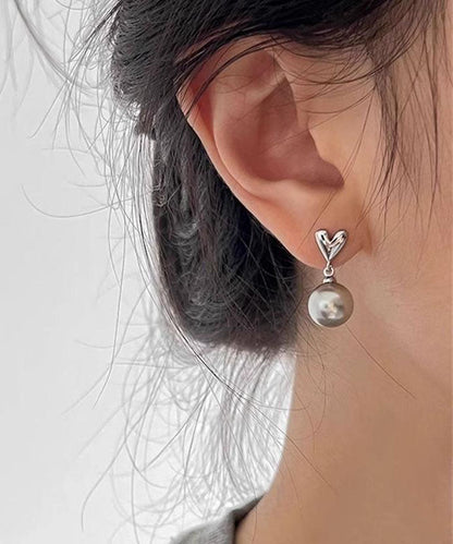 Pendientes colgantes de perla Love de plata de ley gris DIY