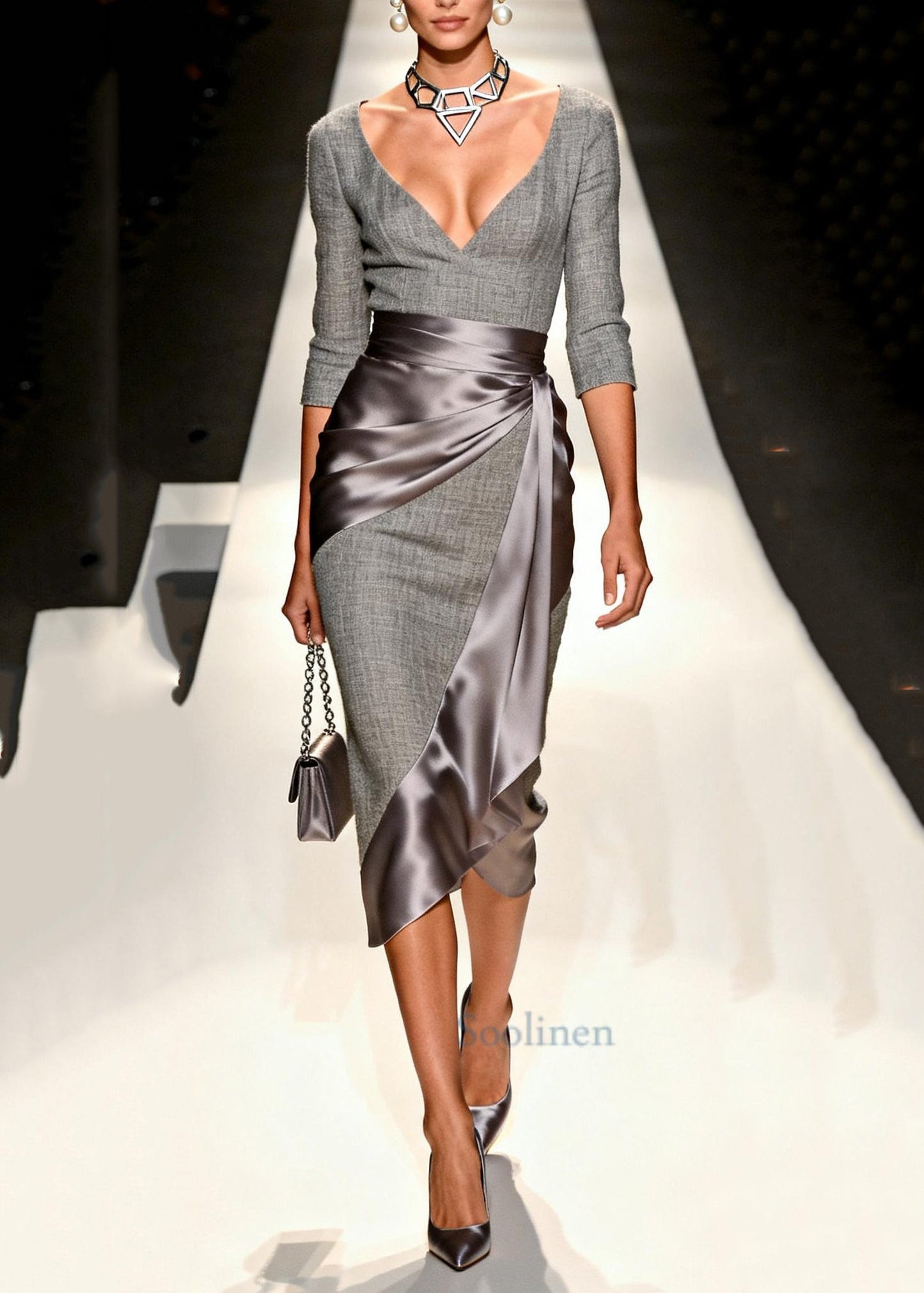 DIY Grey V Neck Patchwork Linen Silk Vacation Dresses Summer