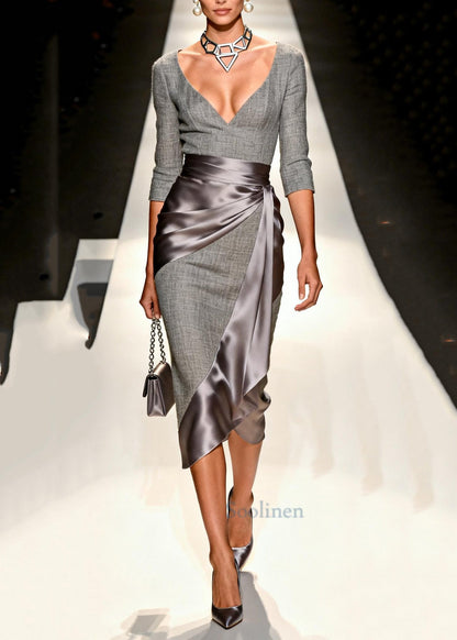 DIY Grey V Neck Patchwork Linen Silk Vacation Dresses Summer