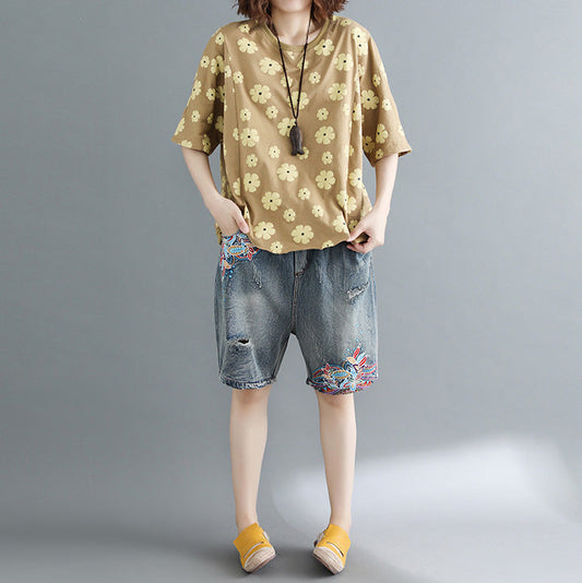 DIY Halbarm-Baumwollkleidung für Frauen in Übergrößen-Kleiderschränken mit gelbem Aufdruck in Übergrößen-Kleidung