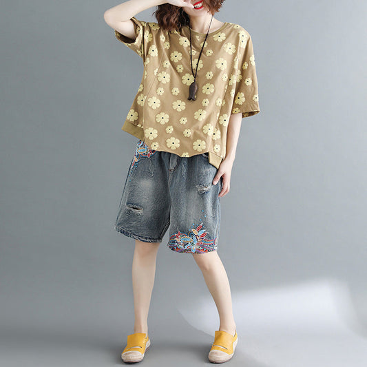 DIY Halbarm-Baumwollkleidung für Frauen in Übergrößen-Kleiderschränken mit gelbem Aufdruck in Übergrößen-Kleidung