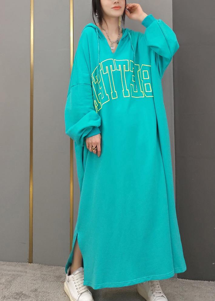 DIY Hooded Side Open Spring Quilting Clothes Yellow Letter Long Dresses - SooLinen