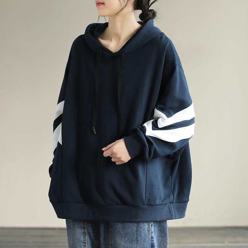 DIY Hooded cotton Spring Linen Tops women blouses design Navy shirt - SooLinen