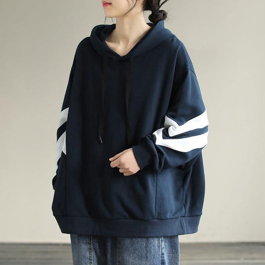 DIY Hooded cotton Spring Linen Tops women blouses design Navy shirt - SooLinen