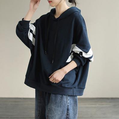 DIY Hooded cotton Spring Linen Tops women blouses design Navy shirt - SooLinen