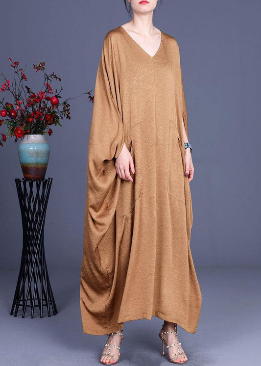 DIY Khaki Asymmetrical V Neck Summer Silk Sundress Bat wing Sleeve - SooLinen