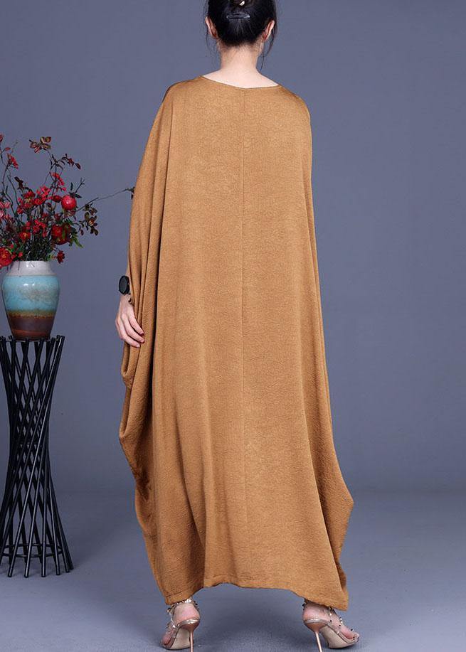 DIY Khaki Asymmetrical V Neck Summer Silk Sundress Bat wing Sleeve - SooLinen