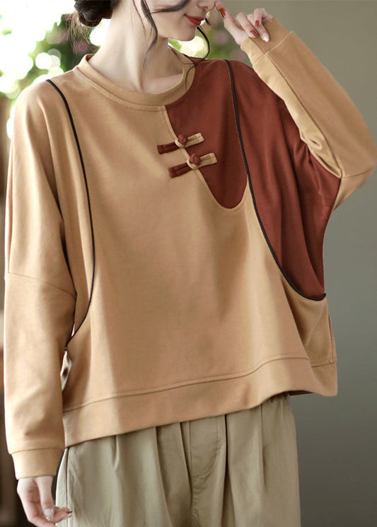 DIY Khaki O-Ausschnitt Patchwork Baumwolle Sweatshirts Top Frühling