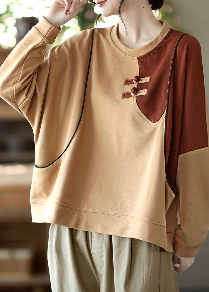 DIY Khaki O-Ausschnitt Patchwork Baumwolle Sweatshirts Top Frühling