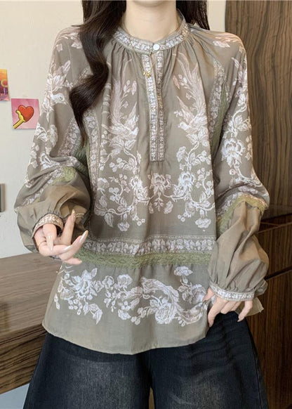 DIY Khaki Oversized Print Cotton Blouse Top Fall