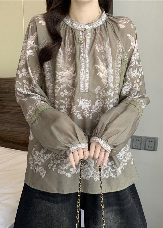 DIY Khaki Oversized Print Cotton Blouse Top Fall