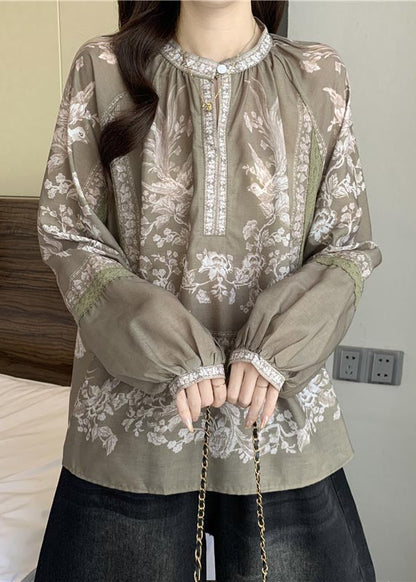 DIY Khaki Oversized Print Cotton Blouse Top Fall