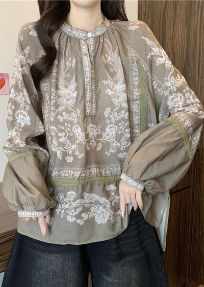 DIY Khaki Oversized Print Cotton Blouse Top Fall