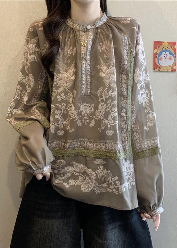 DIY Khaki Oversized Print Cotton Blouse Top Fall