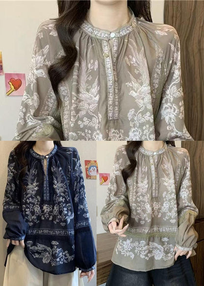 DIY Khaki Oversized Print Cotton Blouse Top Fall