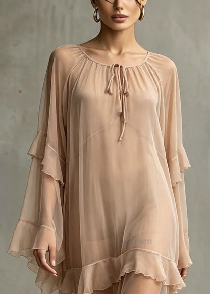 DIY Khaki Ruffled Patchwork Chiffon Long Dresses Summer