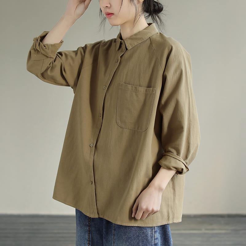 DIY Khaki Tunics For Women Lapel Pockets Plus Size Clothing Spring Shirt - SooLinen