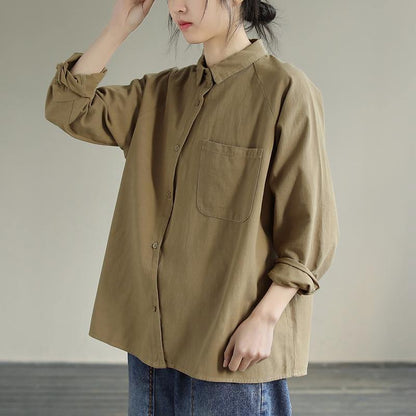 DIY Khaki Tunics For Women Lapel Pockets Plus Size Clothing Spring Shirt - SooLinen