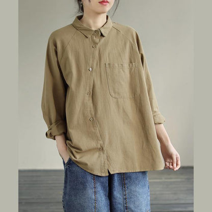 DIY Khaki Tunics For Women Lapel Pockets Plus Size Clothing Spring Shirt - SooLinen