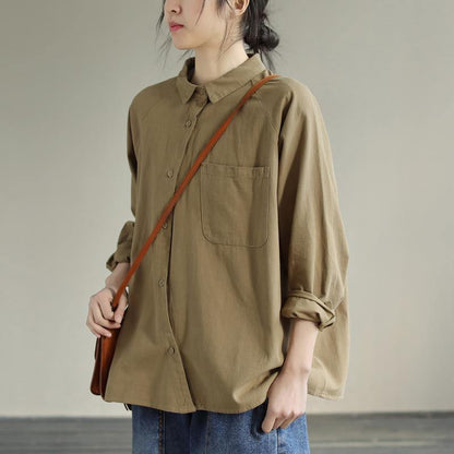 DIY Khaki Tunics For Women Lapel Pockets Plus Size Clothing Spring Shirt - SooLinen
