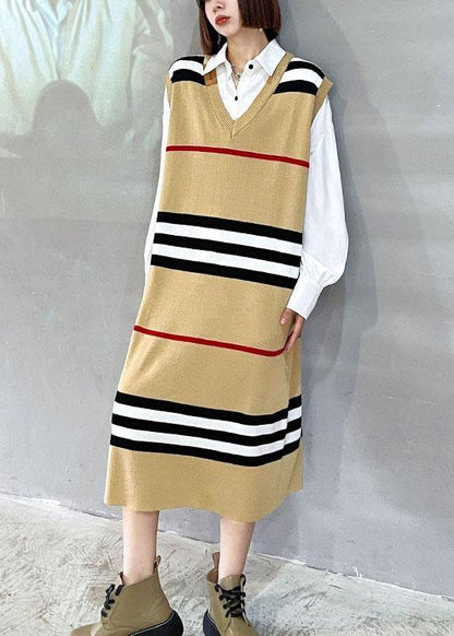 DIY Khaki V Neck Striped Fall Knit Sweater Dress - SooLinen
