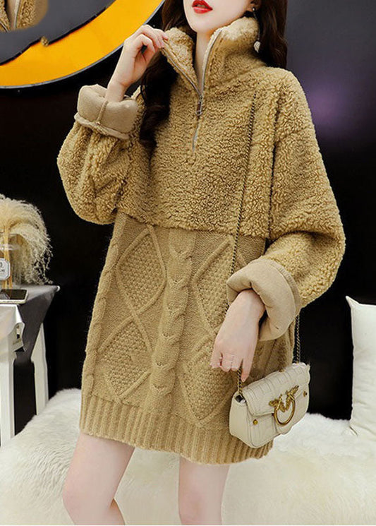 DIY Khaki Zip Up Fuzzy Fur Flauschiges Stricktop Winter