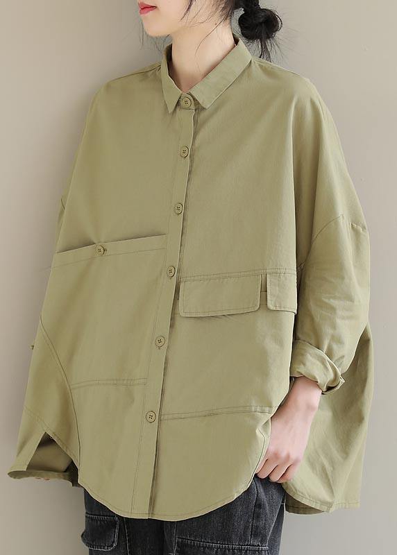 DIY Lapel Asymmetric Shirts Sleeve Khaki Shirt - SooLinen