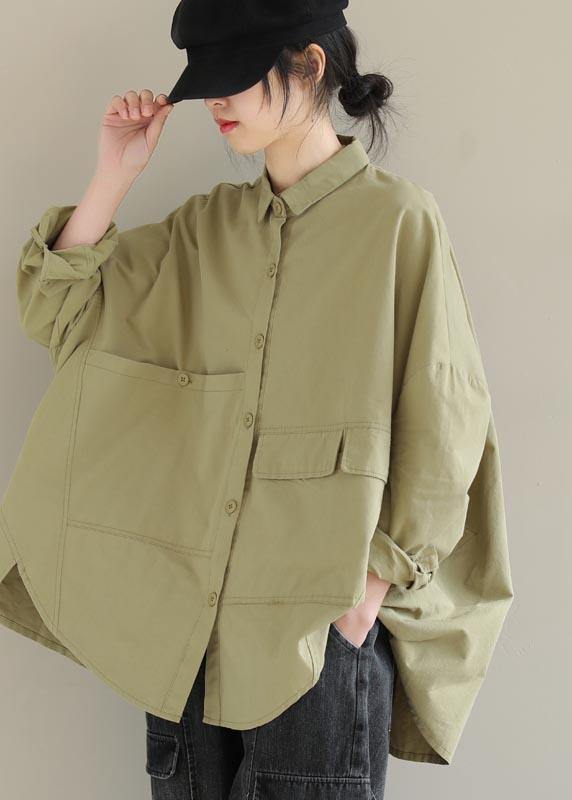 DIY Lapel Asymmetric Shirts Sleeve Khaki Shirt - SooLinen