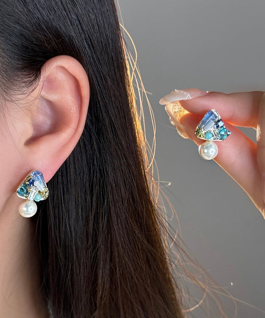 DIY Light Blue Copper Overgild Zircon Crystal Stud Earrings