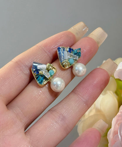 DIY Light Blue Copper Overgild Zircon Crystal Stud Earrings