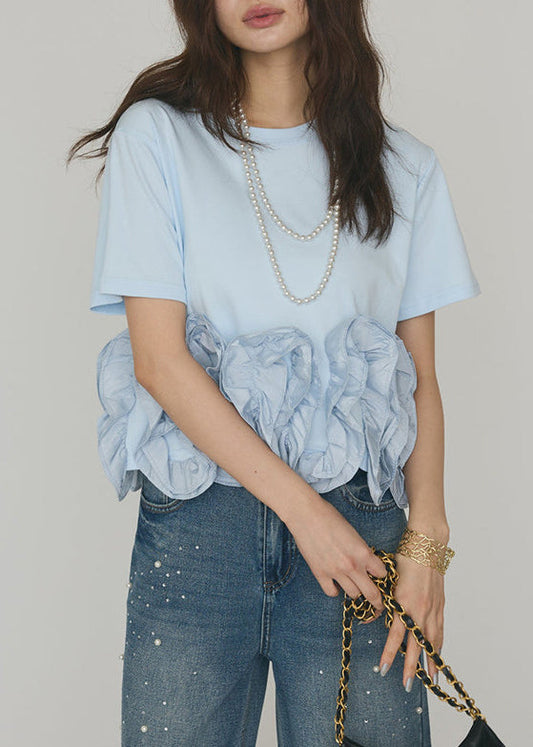 DIY Light Blue Patchwork Flower Cotton Shirt Short Sleeve