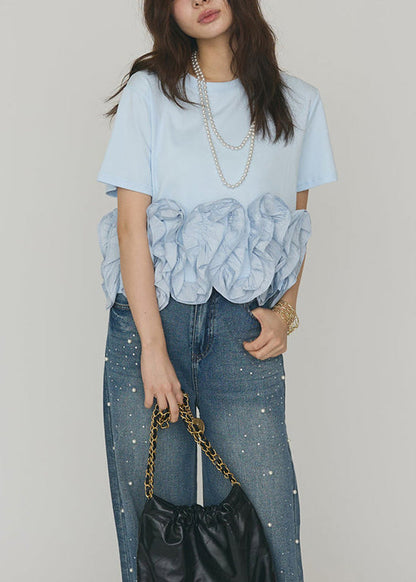 DIY Light Blue Patchwork Flower Cotton Shirt Short Sleeve